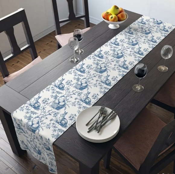 Vintage Style Spring Polyester Toile Table Runner - Spring Blue and White Bunny - Picture 2 of 4